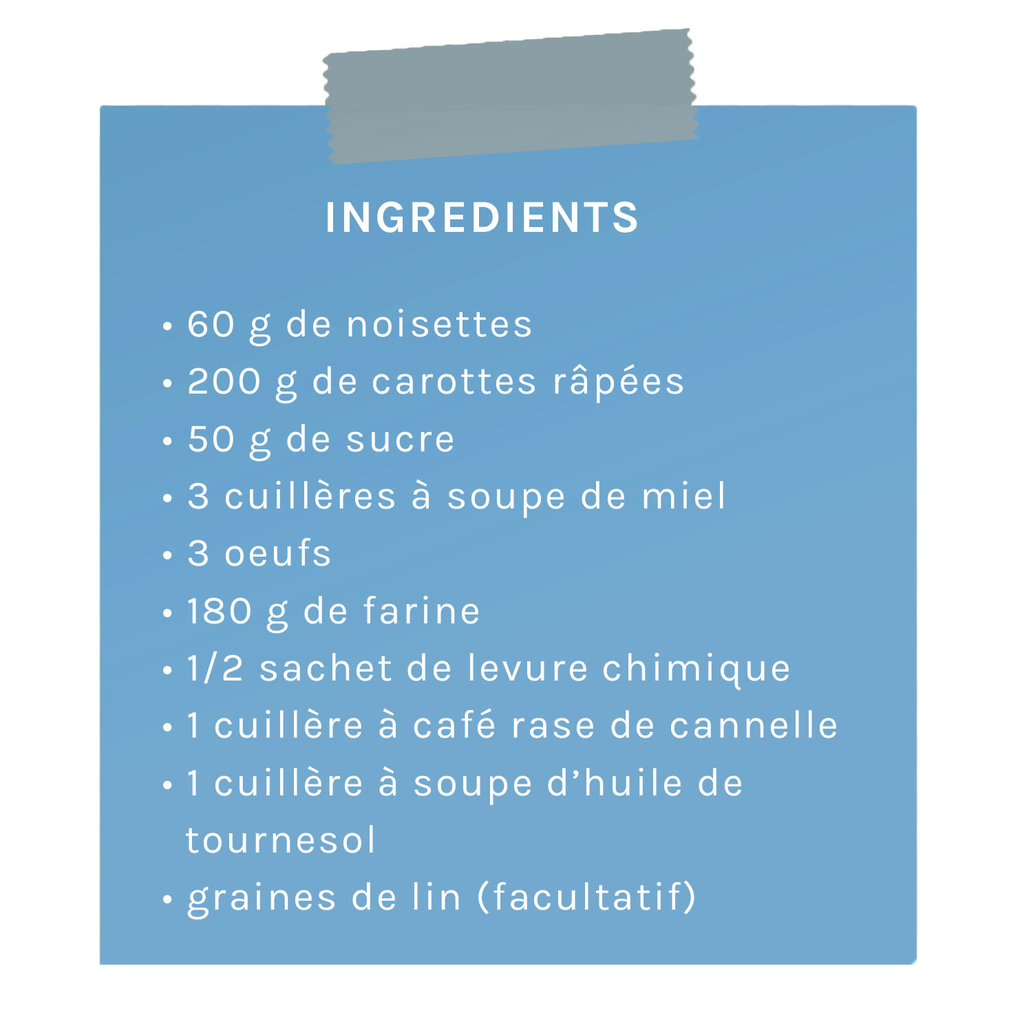 Ingrédients mini cake carottes et noisettes Ingrédients mini cake carottes et noisettes