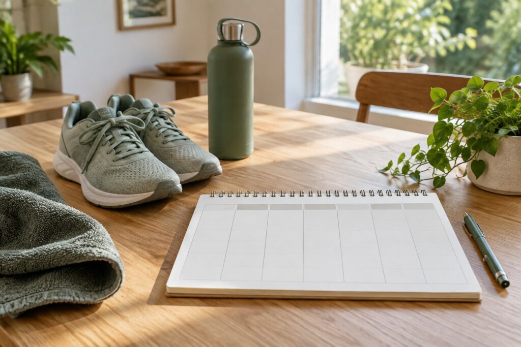 Baskets, bouteille et calendrier vierge pour organiser une semaine active.