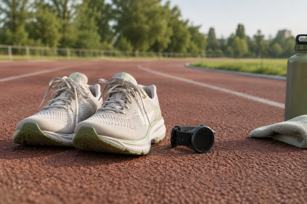 Baskets et chronomètre posé sur une piste de course.