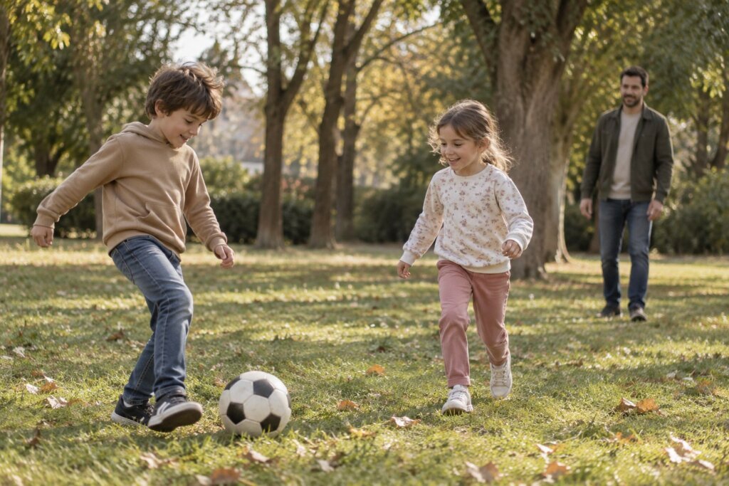 Deux enfants jouent au ballon dans un parc, accompagnés d’un adulte.
