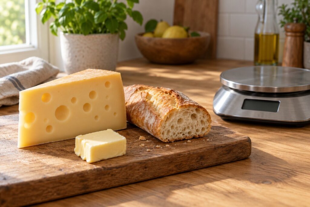 Emmental, morceau de baguette et noix de beurre sur une planche en bois