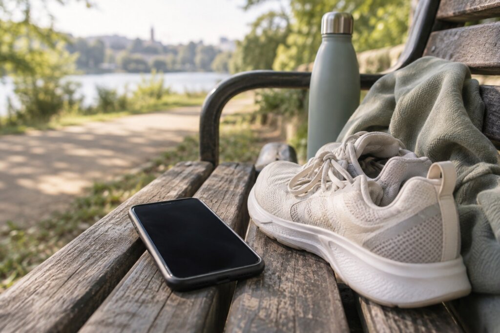 Téléphone éteint et baskets sur un banc de parc.