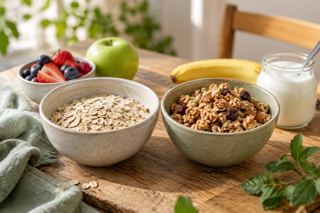 Deux bols de flocons d’avoine et de granola à comparer selon leur masse et leurs garnitures.