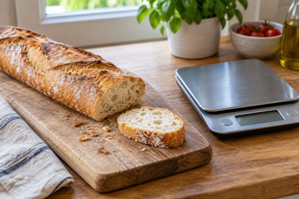 Tranche de baguette de 50 g sur une planche, avec couteau et miettes
