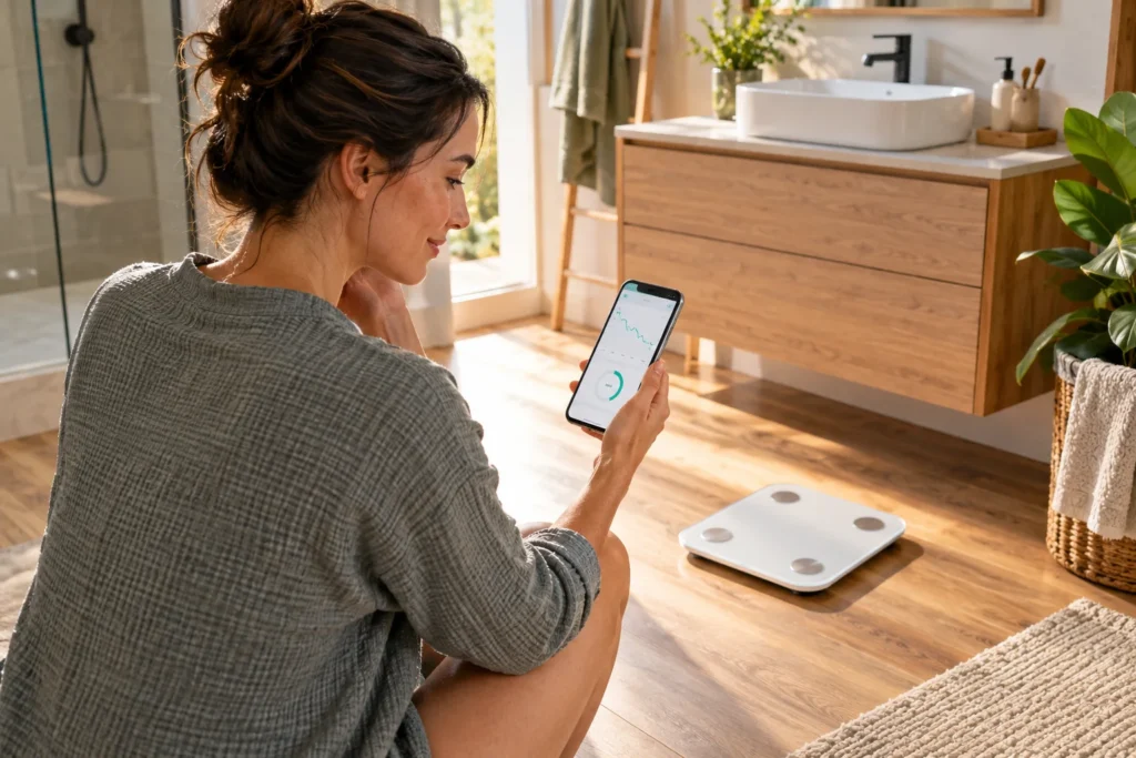 Personne consultant le suivi de son poids sur un smartphone à côté d’une balance connectée générique