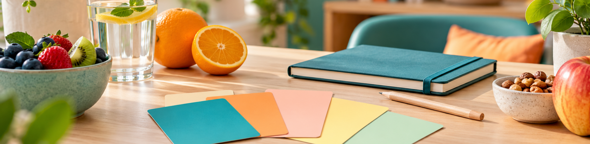 Bannière quiz nutrition Table en bois avec fruits frais, eau citronnée, carnet fermé, noix, pomme et cartes colorées dans une pièce lumineuse