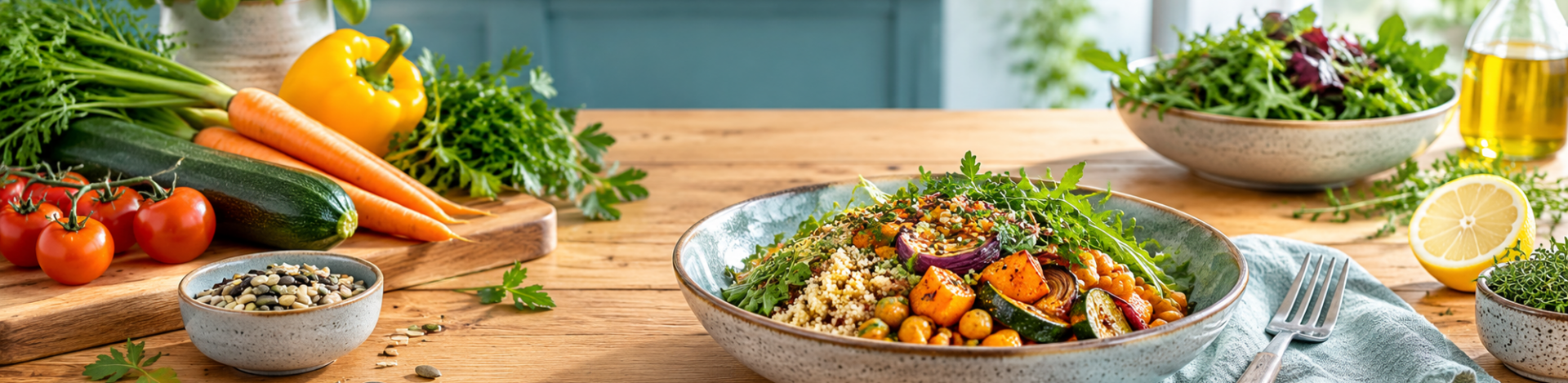 Table lumineuse avec légumes frais, herbes et plat maison prêt à être servi