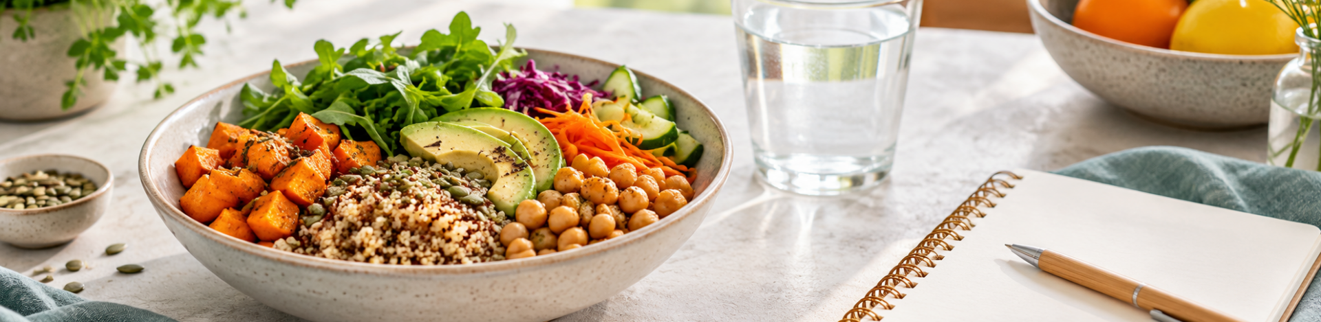 Assiette équilibrée de légumes et carnet de notes sur une table claire