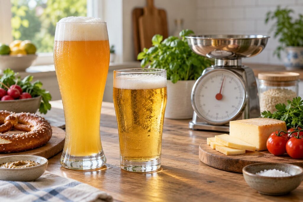 Verre de bière blanche trouble et verre de bière blonde claire posés sur une table en bois