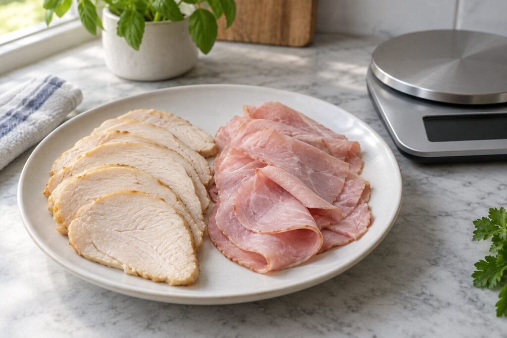Tranches de blanc de poulet et de jambon cuit posées côte à côte dans une assiette