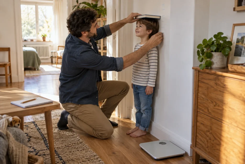 Parent mesurant la taille d’un enfant contre un mur avec un carnet et une balance à proximité