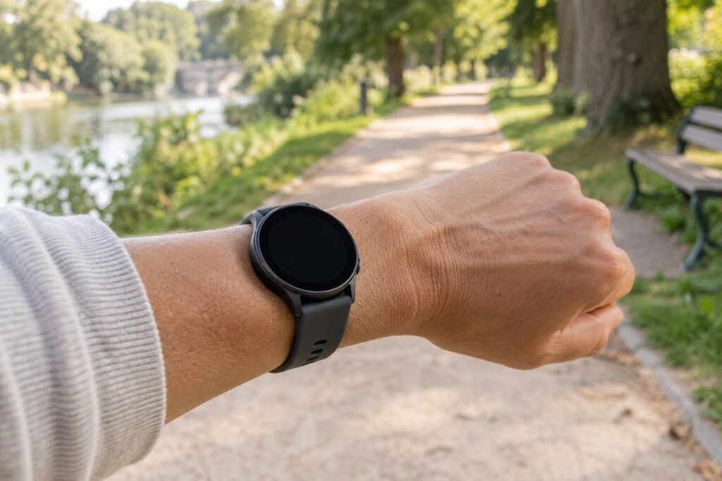 Montre d’activité à écran éteint portée au poignet dans un parc.