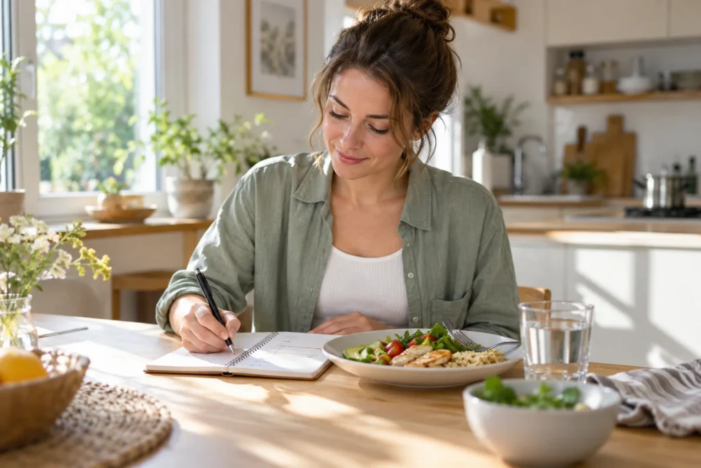 Personne notant ses repas dans un carnet pour calculer une moyenne de calories sur une semaine