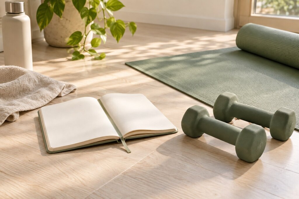 Carnet vierge, haltères légers et tapis de sport à la maison.