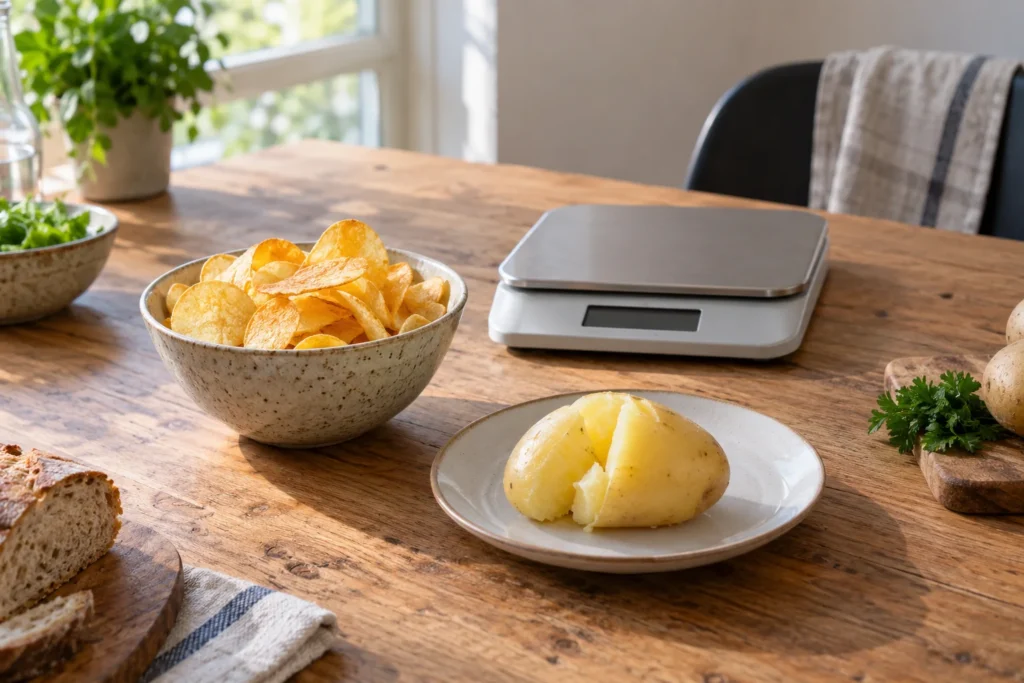 Chips dans un bol et pomme de terre bouillie dans une assiette, près d’une balance de cuisine.