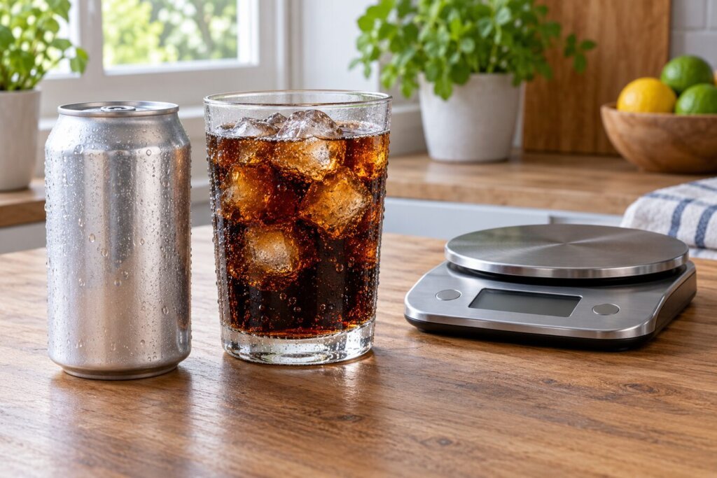 Canette de cola ouverte et verre de cola glacé sur une table