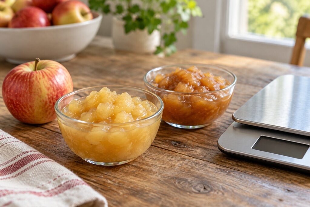 Deux bols de compote de pomme et une pomme entière sur une table en bois