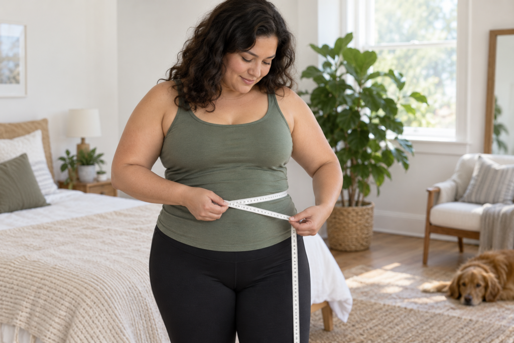 Adulte mesurant son tour de taille avec un mètre souple dans un intérieur lumineux