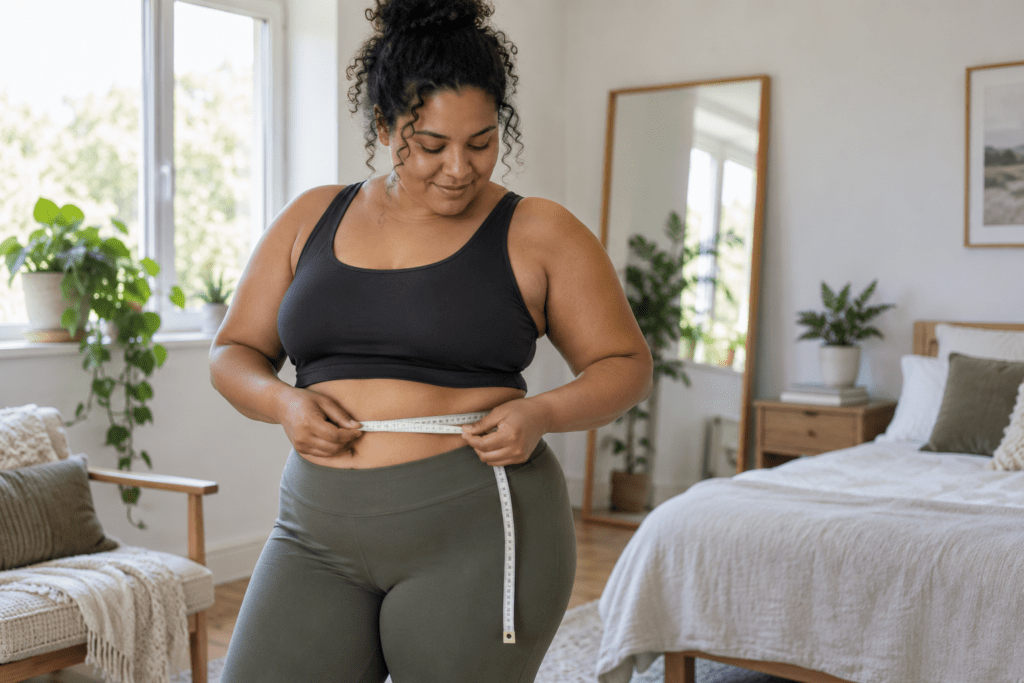 Personne adulte mesurant son tour de taille avec un mètre souple dans un intérieur lumineux