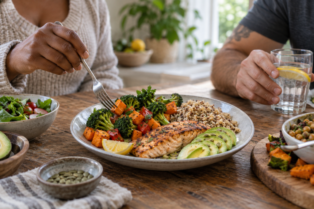 Assiette équilibrée représentant des protéines, des glucides et des lipides pour expliquer l’effet thermique des aliments