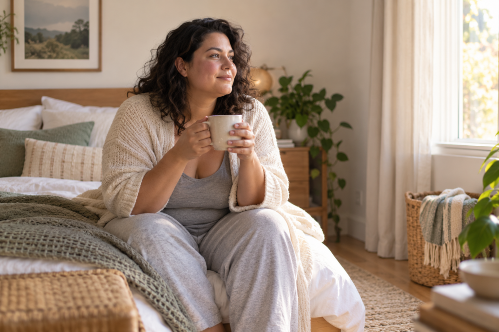 Personne adulte diverse assise au bord du lit au réveil, dans une chambre lumineuse et apaisante