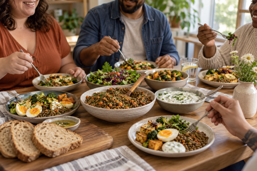 Assiette équilibrée avec plusieurs sources de protéines disposées sur une table, dans un contexte familial et naturel