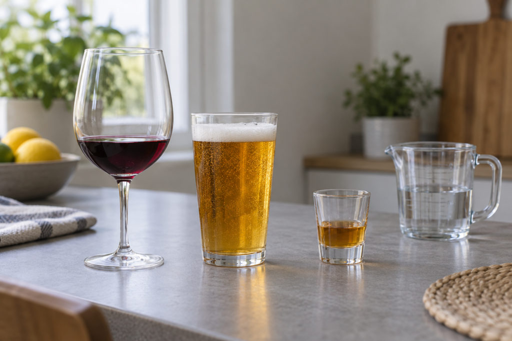 Verre de vin, verre de bière et petit verre de spiritueux à côté d’un récipient gradué pour comparer les volumes servis