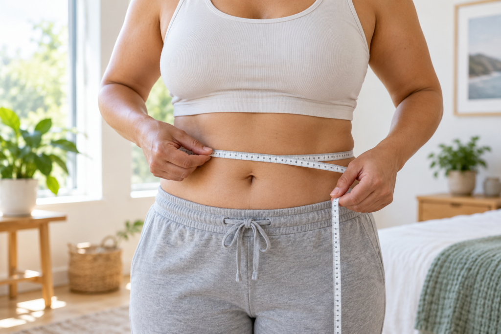 Adulte debout mesurant son tour de taille avec un mètre souple, sans comprimer la peau