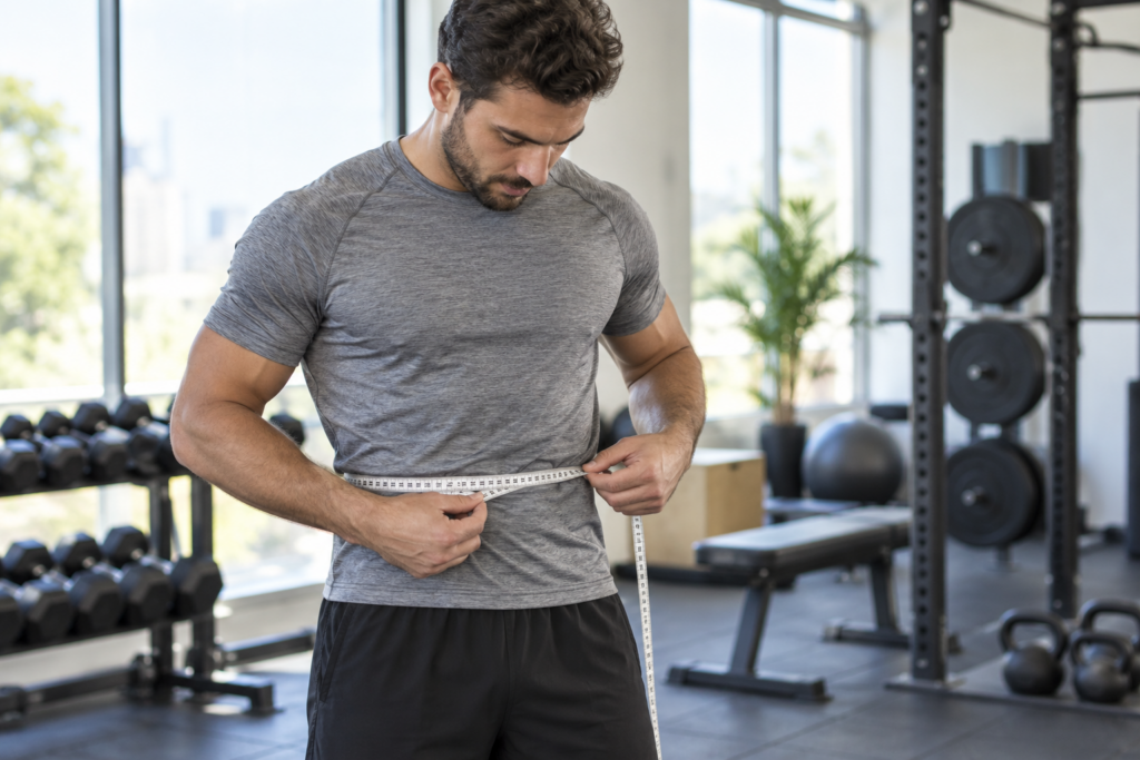 Adulte sportif mesurant son tour de taille avec un mètre ruban, debout dans une salle de sport lumineuse