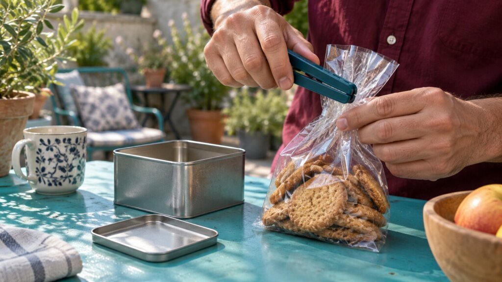 Photo horizontale rapprochée sur une terrasse végétalisée : une personne en chemise bordeaux referme un sachet transparent de biscuits avec une pince bleu pétrole. Une boîte métallique ouverte et son couvercle reposent sur une table turquoise, accompagnés d’une tasse à motifs, d’un torchon et d’un bol de pommes partiellement cadré. Lumière naturelle, mains et objets plausibles, sans texte incrusté, logo ni élément stigmatisant.