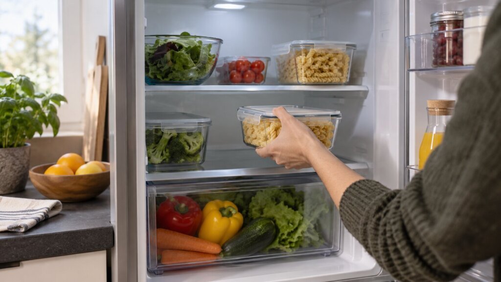 Photo horizontale rapprochée d’un réfrigérateur ouvert. Une personne en pull vert sombre, partiellement cadrée à droite, tient une boîte transparente fermée contenant des pâtes cuites devant une étagère. D’autres récipients alimentaires et des légumes occupent le réfrigérateur ; un plan de travail gris, une plante et des agrumes apparaissent à gauche. Palette blanche et gris froid, ponctuée de vert et de jaune.