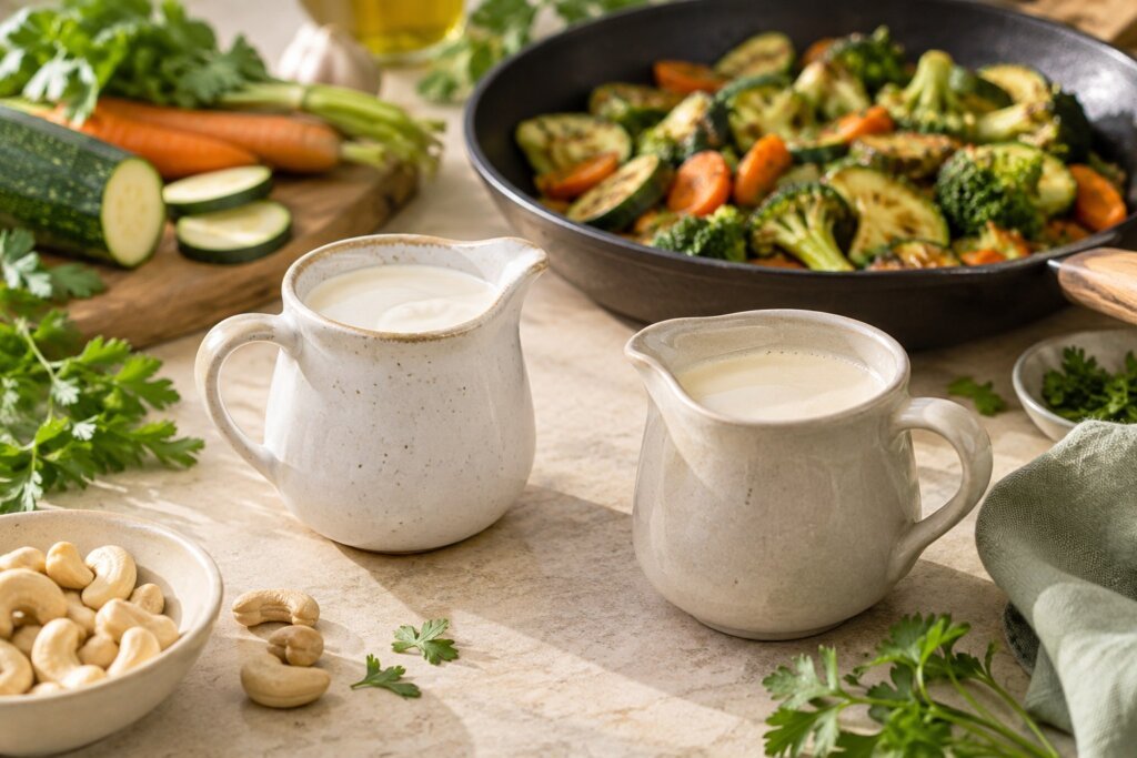 Sauce aux champignons préparée avec une crème végétale ou une crème laitière