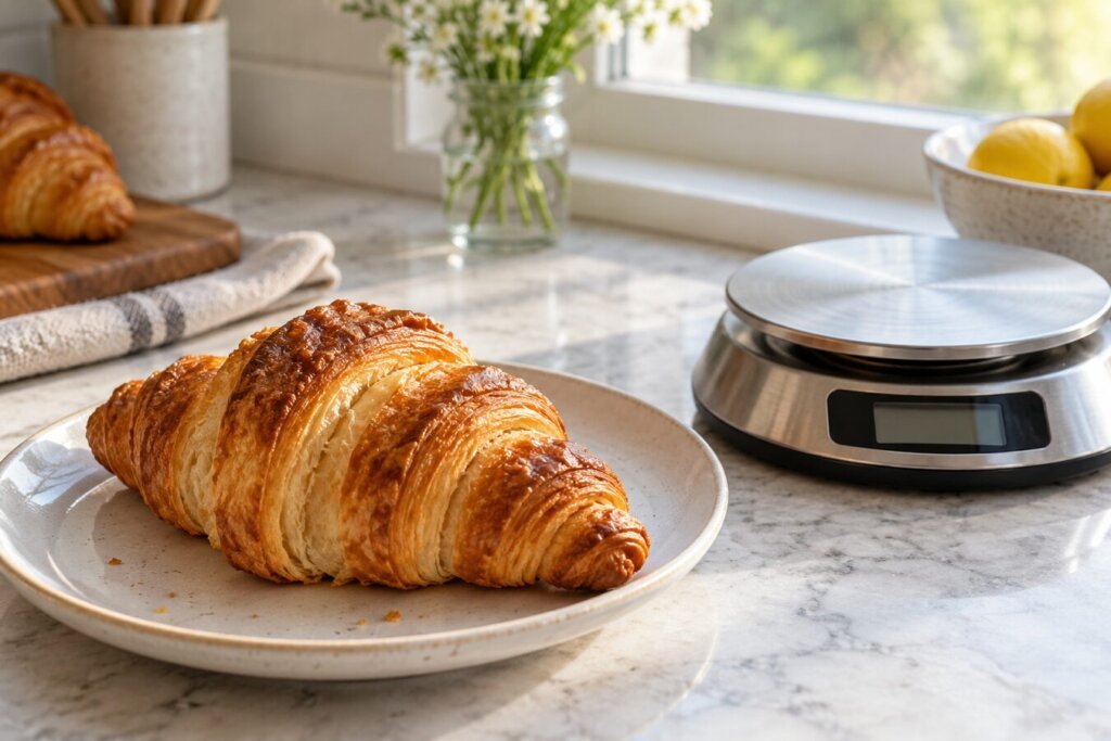 Croissant au beurre doré et feuilleté, posé sur une assiette