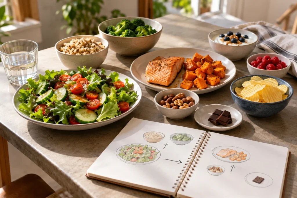 Aliments variés disposés sur une table avec une balance de cuisine pour comparer les portions et la densité énergétique
