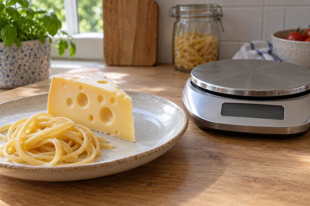 Part d'emmental à trous à côté de pâtes, sans texte ni mains