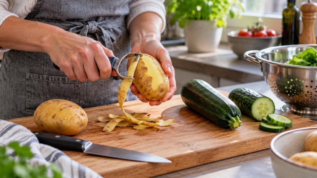 Photo éditoriale horizontale en cuisine, cadrée sur le torse et les mains d’une personne en tablier gris qui épluche une pomme de terre au-dessus d’une planche en bois. Des épluchures sont visibles au centre, avec une seconde pomme de terre, une courgette entière, un concombre tranché, une passoire métallique et des légumes en arrière-plan. Lumière naturelle, palette bois, vert, gris et jaune, rendu réaliste et chaleureux. Aucun texte, logo ou élément impossible.