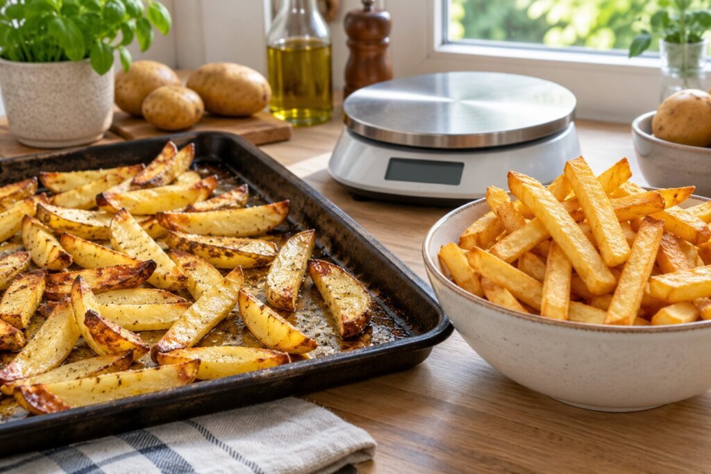 Frites dorées au four sur une plaque et frites plus grasses dans un plat, sans emballage