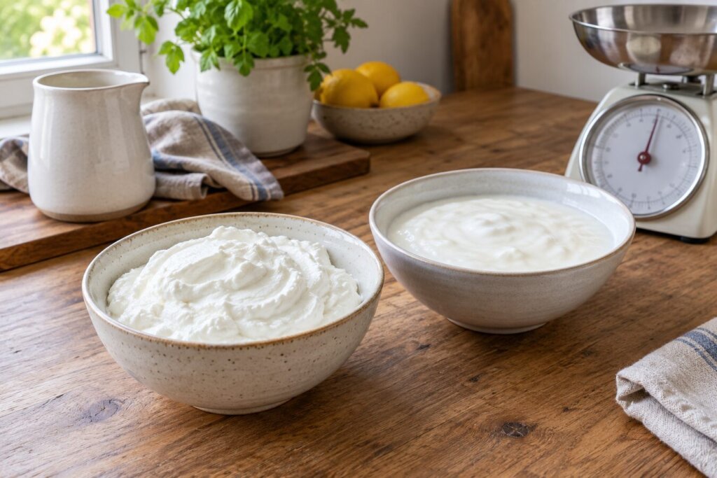 Deux bols de fromage blanc nature, l'un plus ferme et l'autre plus onctueux, sur une table en bois
