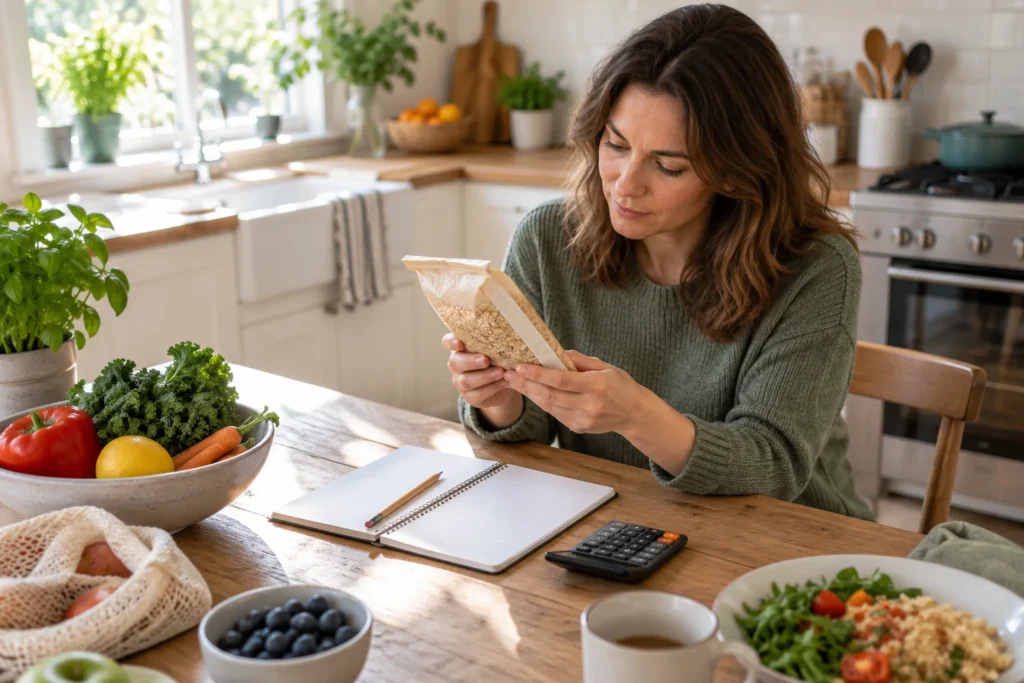 Mains consultant un emballage alimentaire près d’un carnet et d’une calculatrice pour vérifier les valeurs nutritionnelles.