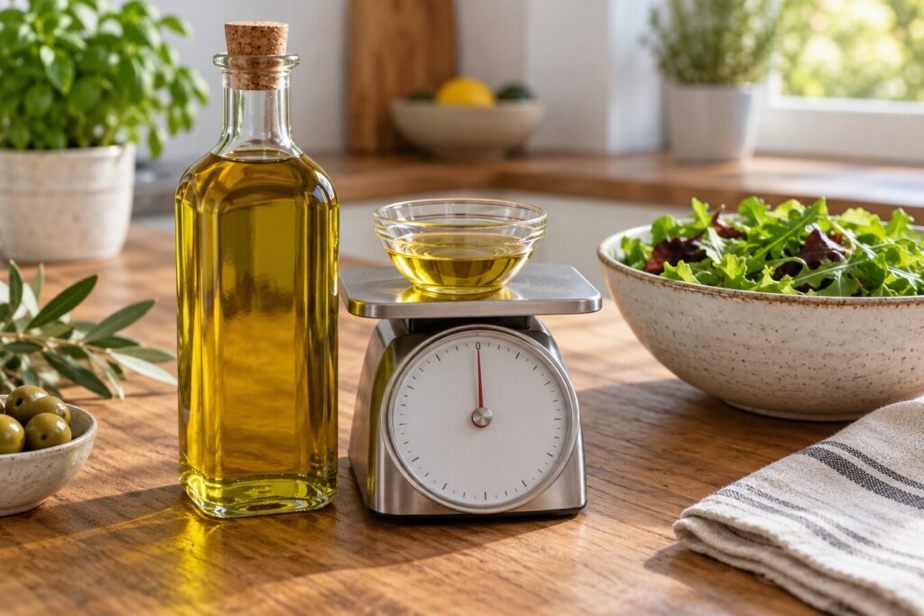 Bouteille d'huile d'olive vierge extra, filet doré dans un ramequin posé sur une balance, à côté d'une salade