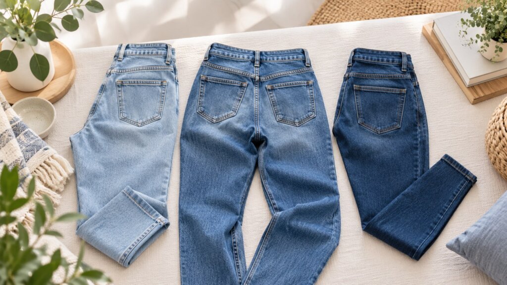 Trois jeans de coupes variées étalés sur une surface claire, entourés d’éléments décoratifs naturels, illustrant des silhouettes différentes.