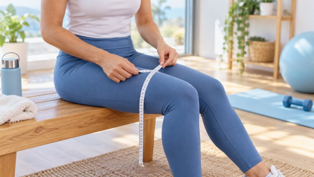 Femme assise sur banc en bois, mesure son cuisse avec un mètre ruban, dans un espace lumineux avec tapis de yoga et haltères en arrière-plan.