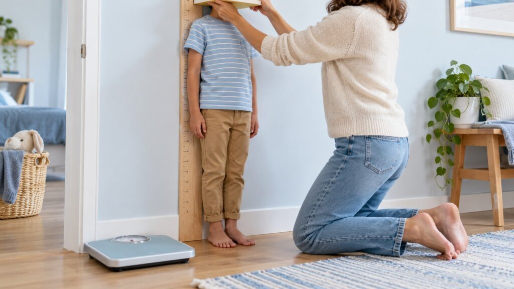Un adulte mesure la taille d’un enfant contre un mur, près d’une balance, dans une chambre lumineuse.