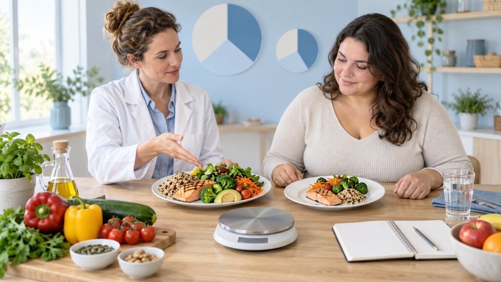 Professionnelle de santé et femme discutent autour de deux assiettes équilibrées, d’une balance, de légumes frais et d’un carnet ouvert.