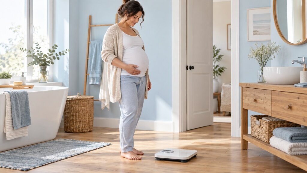 Femme enceinte pieds nus près d’une balance, dans une salle de bains lumineuse, posant une main sur son ventre.