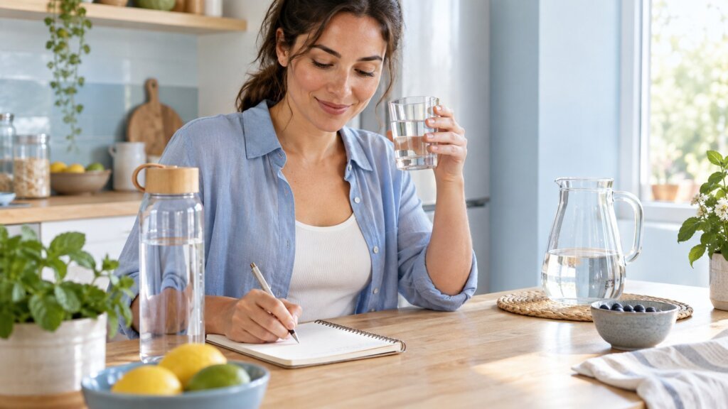Femme buvant un verre d’eau et écrivant dans un carnet, entourée d’une carafe, d’une bouteille et de fruits.