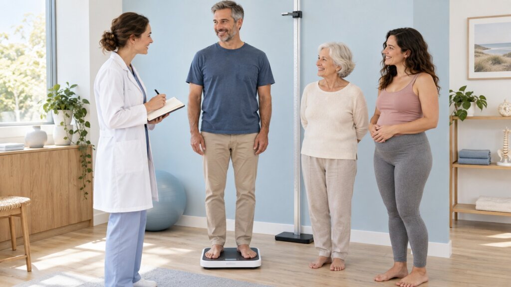 Professionnelle de santé prenant des notes auprès de trois adultes de générations différentes, près d’une balance et d’une toise.