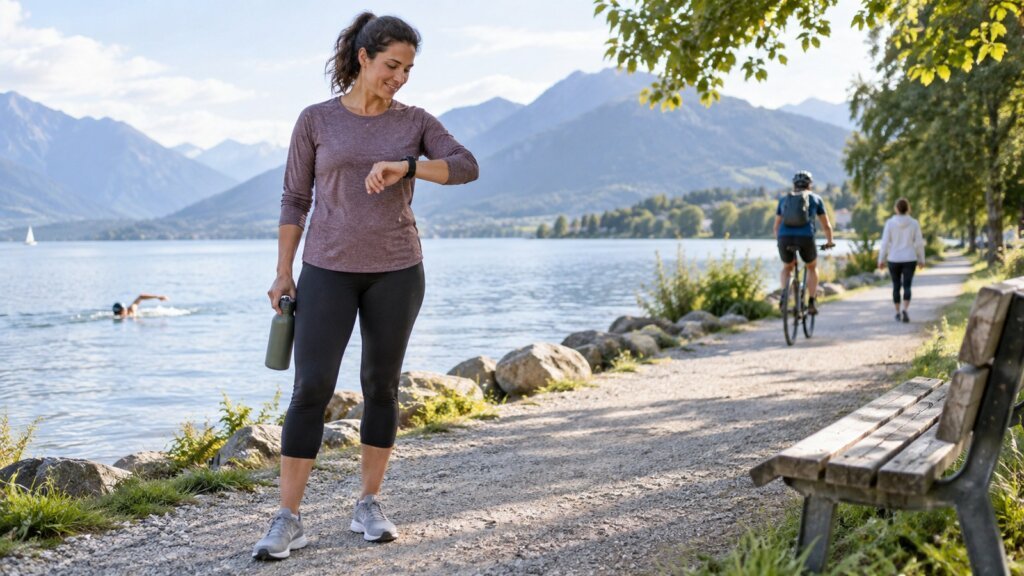 Femme consultant sa montre pendant une marche au bord d’un lac, avec un cycliste, une personne nageant et une promeneuse en arrière-plan, sur fond de montagnes.