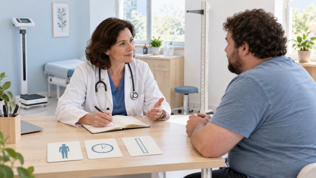 Femme enceinte sur une balance médicale face à une soignante qui prend des notes dans un cabinet lumineux