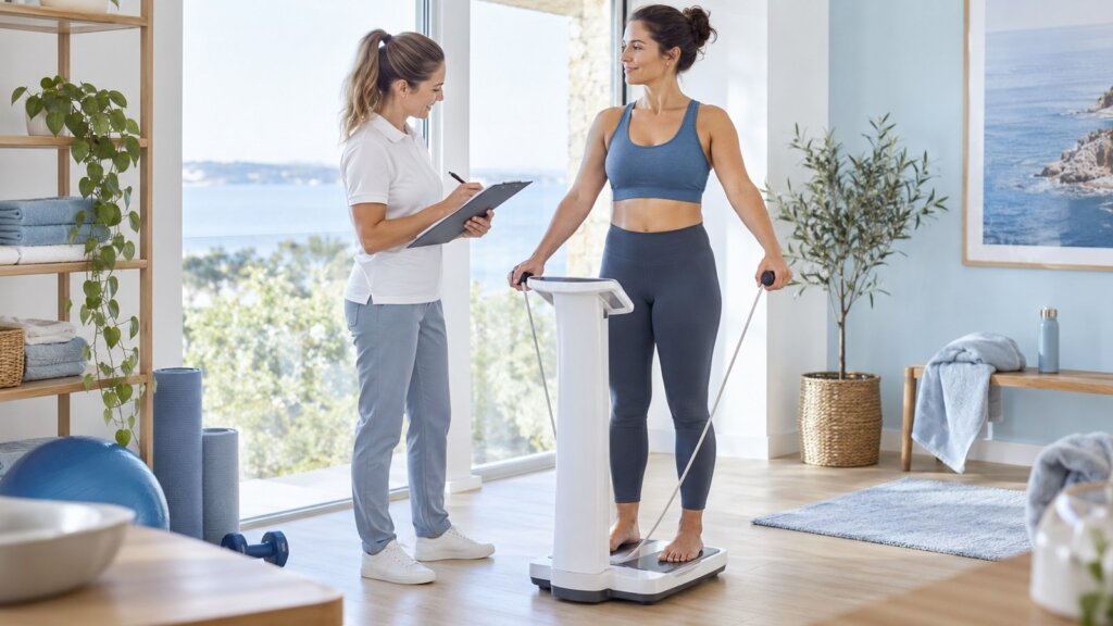Professionnelle de santé prenant des notes pendant qu’une femme utilise un impédancemètre dans une pièce lumineuse.